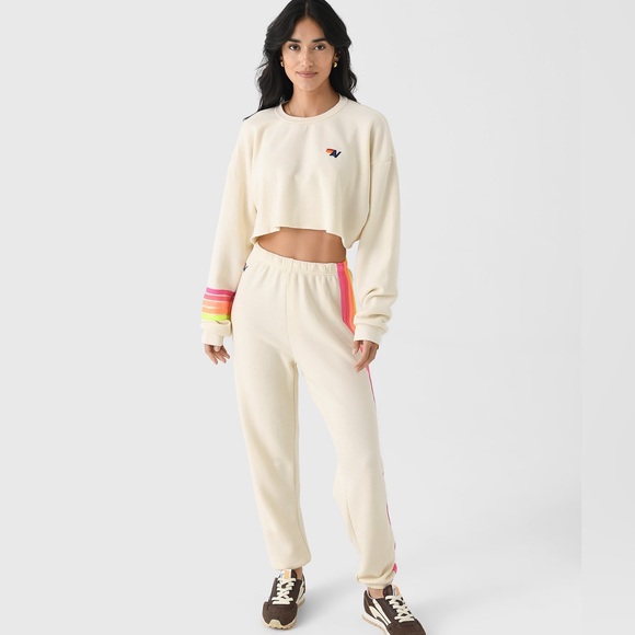 Aviator Nation Tops - Aviator Nation Vintage White Set Neon 5 Stripe Rugby Sweatshirt and Sweatpants